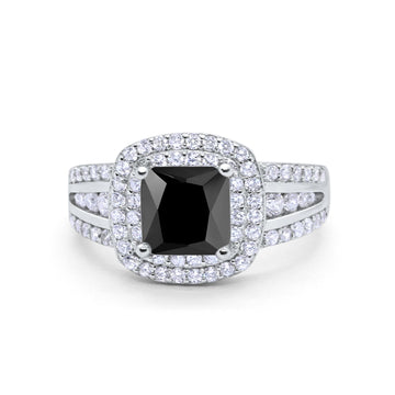 Halo Wedding Ring Princess Simulated Black CZ 925 Sterling Silver
